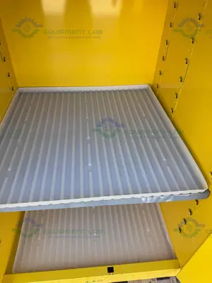USED JUSTRITE 90 GALLON FLAMMABLE LIQUID STORAGE CABINET W/ SOFT CLOSE DOORS KEY