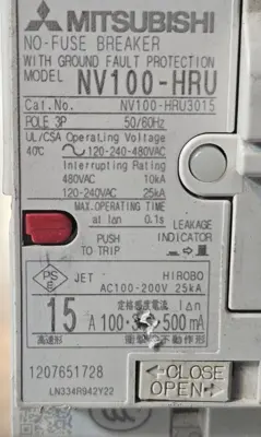 Mitsubishi NV100-HRU3015 Circuit Breaker 15A loc4B9