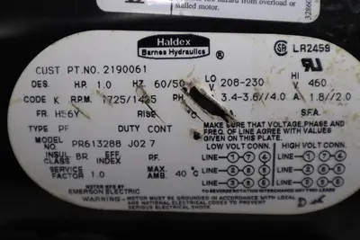 Haldex Hydraulics 1300233 1HP/3PH/1725 Motor STOCK H1181