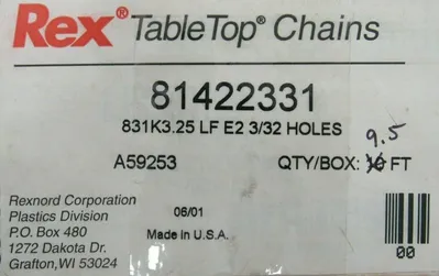NEW REXNORD 81422331 TABLETOP CHAIN 9.5FT 831K3.25 LF E2 3/32 HOLES