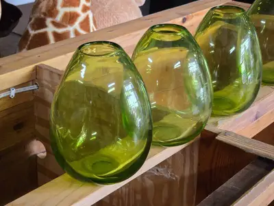 Lot of (4) Handblown Art Glass Table Vases by Holmegaard 6" x 7" (green) (rounded triangle)