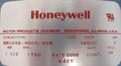 NEW HONEYWELL SR5348-4005-45B DC MOTOR 1.5HP 1750RPM 180VDC SR5348400545B