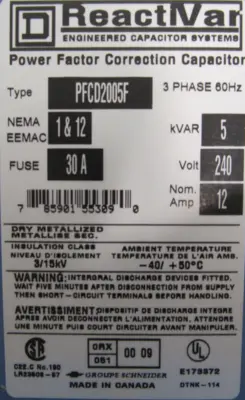 NEW SQUARE D PFCD2005F POWER FACTOR CORRECTION CAPACITOR
