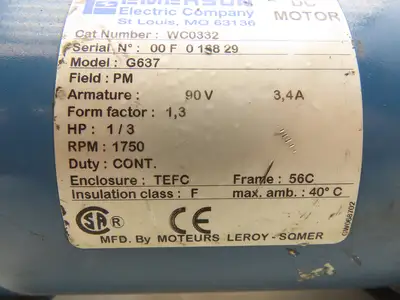Emerson WC0332 Permanent Magnet DC Motor 90V 3.4A 1/3Hp 1750RPM 56C TEFC