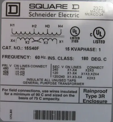 NEW SQUARE D 15S40F TRANSFORMER 480V PRI 120/240V SEC