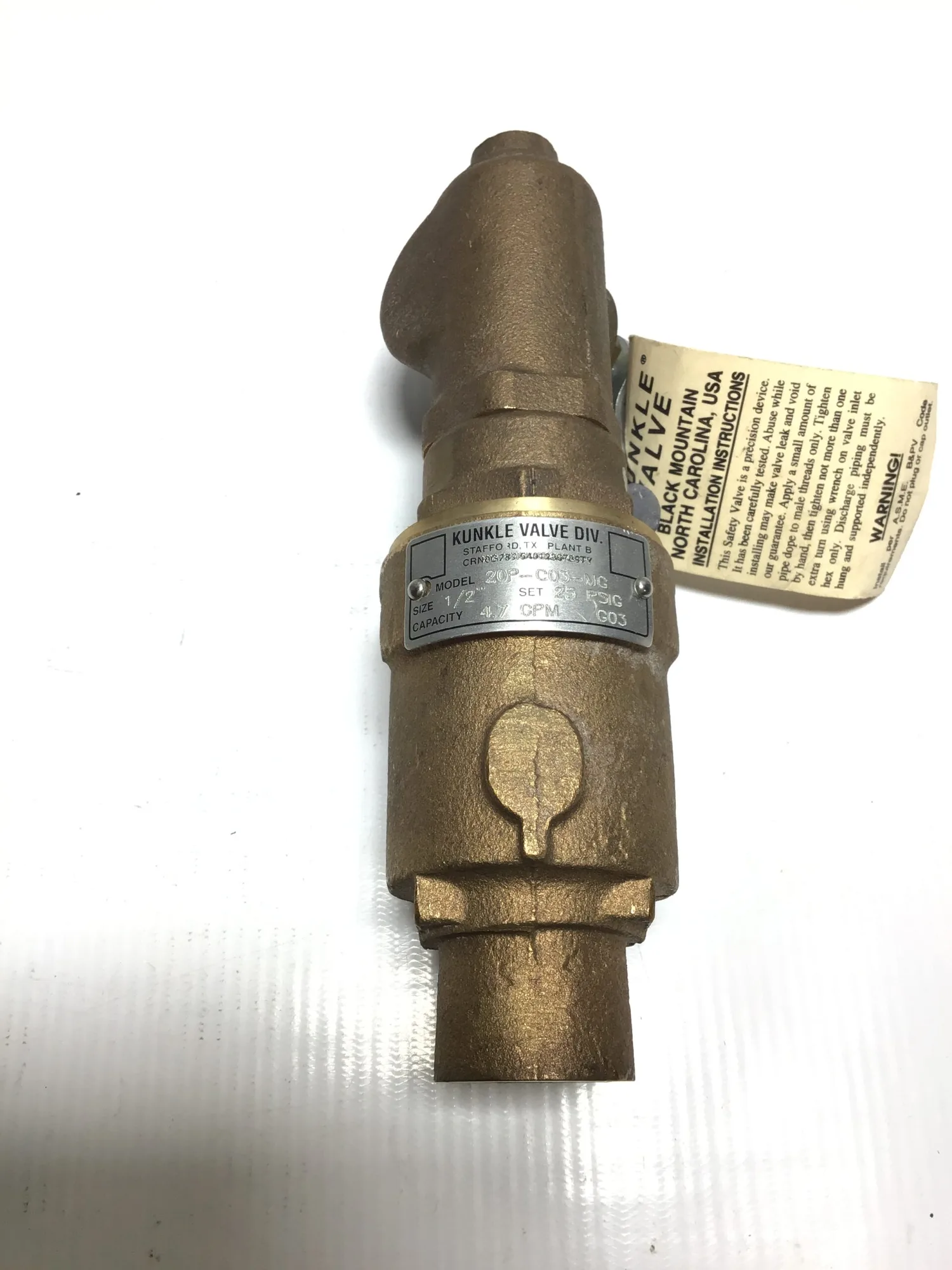 Kunkle 020P-C03-MG0025 Pressure Relief Valve 1/2″NPT Cap 4.7 GPM 25 PSIG Bronze