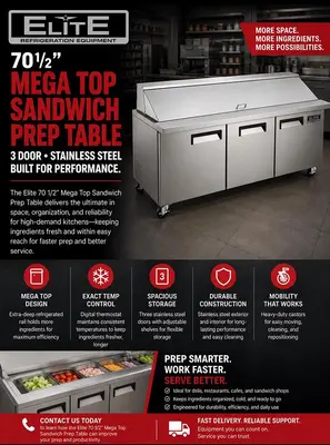 Elite Stainless Steel 3 Door Sandwich Prep Table on Castors