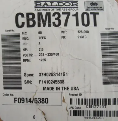 NEW BALDOR CBM3710T BRAKE MOTOR 7.5HP 208-230/460V 213TC 1087041Y0EQF