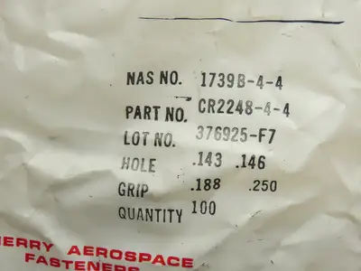 Cherry Rivet CR2248-4-4 Aircraft Grip Rivets .143-.146" Pop 9/64" Lot of 100pcs