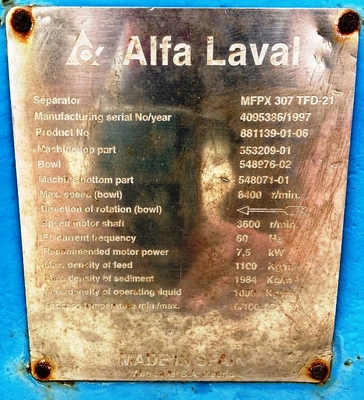 Alfa-Laval MFPX 307 TFD-21 oil purifier, 316SS.