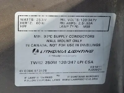 USED LITHONIA LIGHTING TWR2-250M-120-347-LPI-CSA