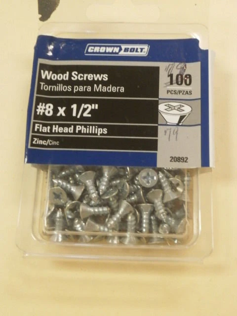Crown Bolt 20892 New Zinc #8 X 1/2" Flat-Head Wood Screws (QTY 79)