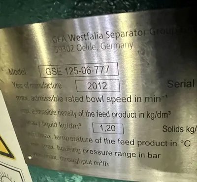 Westfalia GSE 125-06-777 wine clarifier, 316SS.
