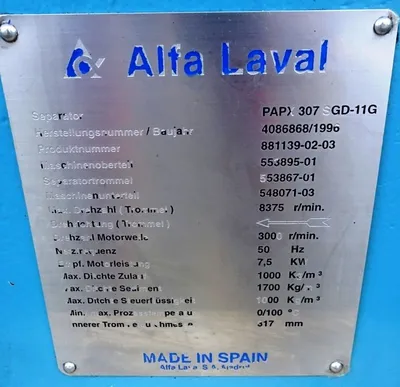 (2) Alfa-Laval PAPX 307 SGD-11G palm oil purifiers, 316SS.