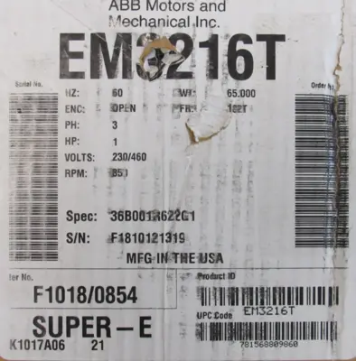 NEW BALDOR EM3216T MOTOR 1 HP 230/460V 850RPM 182T