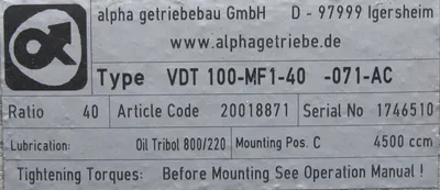 NEW ALPHA GETRIEBEBAU VDT100-MF1-40-071-AC GEARBOX 40:1 VDT100MF140071AC