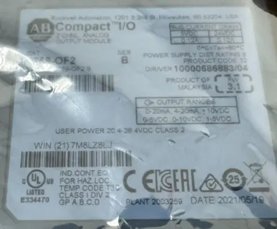 NEW ALLEN BRADLEY 1769-OF2 COMPACT I/O ANALOG OUTPUT SER. B 1769OF2