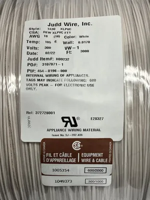 NEW JUDD WIRE 18 AWG WIRE, WHITE, STYLE 1430, XLPVC 300V 16/30