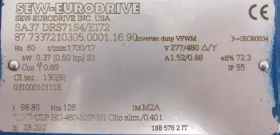 NEW SEW EURODRIVE SA37 DRN71S4/EI72 GEARMOTOR 98.80 277/480V