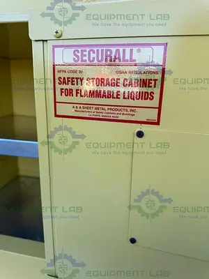 USED SECURALL 4 GALLON FLAMMABLE LIQUID STORAGE CABINET W/ SOFT CLOSE DOOR, SHELVES