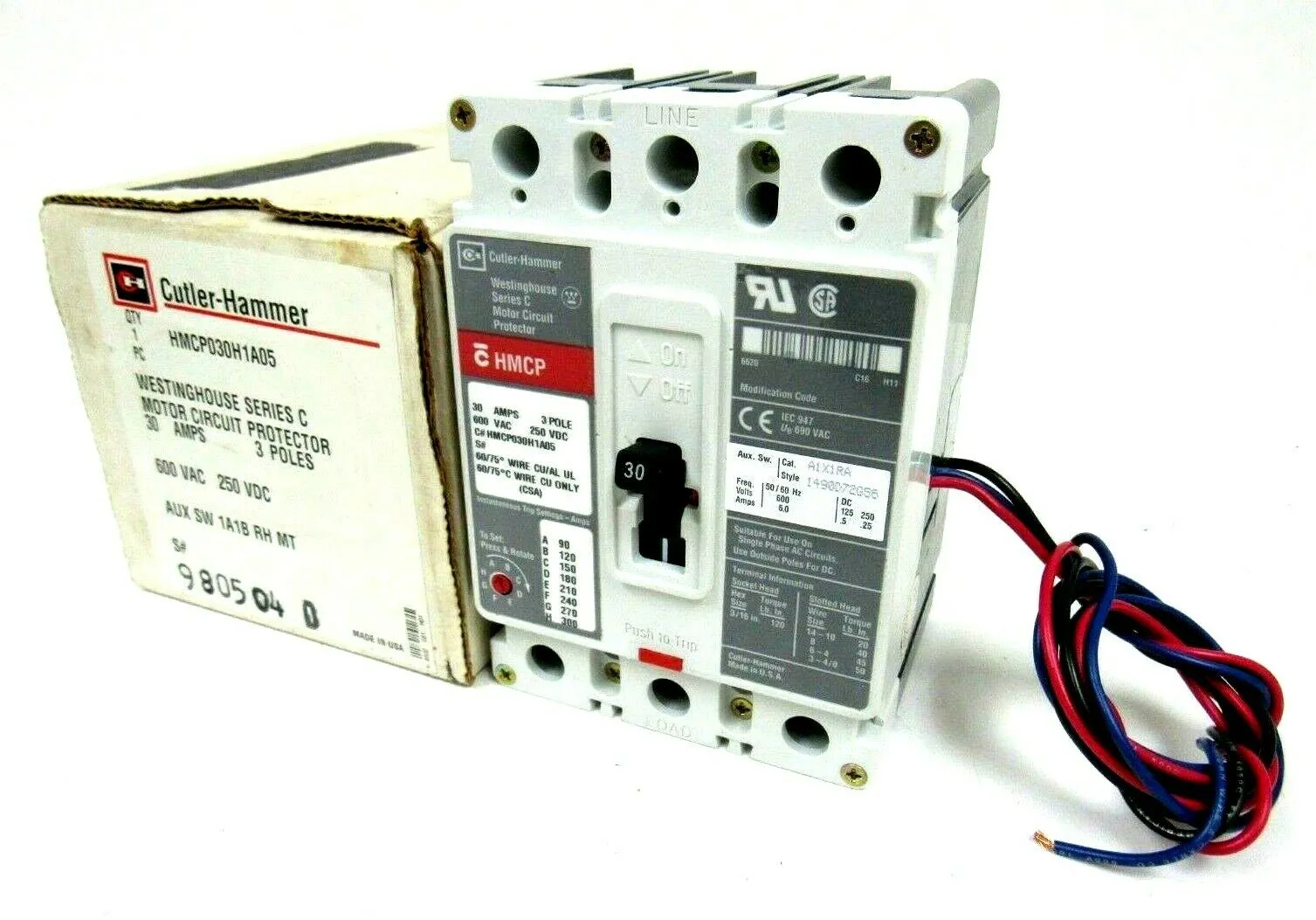 NEW CUTLER HAMMER HMCP030H1A05 CIRCUIT BREAKER 30A 3 POLE SER C 600VAC 250VDC
