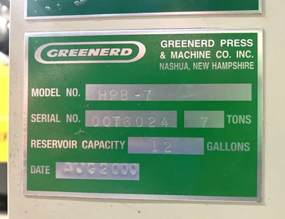 USED 2000 GREENERD PRESSES GREENERD HPB-7 PRESS