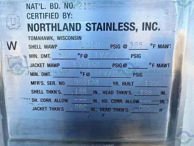 USED NORTHLAND 250 L STAINLESS STEEL  JACKETED REACTOR FV/ 50 PSI, DUAL MIXER + VFD