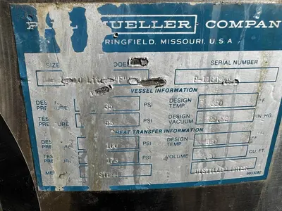 Tank, 264 Gallon (1,000 Liter), Mueller, Jacketed, Stainless, 35 PSI / Full Vacuum, #5991457