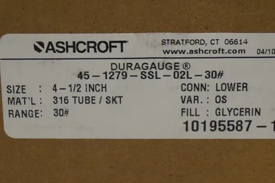 NEW ASHCROFT 45-1279-SSL-02L-30 DURAGAUGE 451279SSL02L30