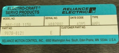 🔥Electro-Craft Max-100 115V PWM SERVO DRIVE, 9078-0121, Reliance Electric Rev E