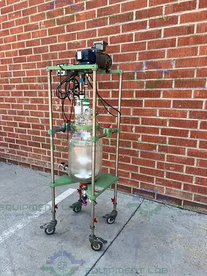 USED CHEMGLASS 20 LITER JACKETED GLASS REACTOR W/ CHEMGLASS OVERHEAD STIRRER