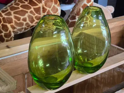 Lot of (2) Handblown Art Glass Table Vases by Holmegaard 6" x 12" (green) (rounded triangle)
