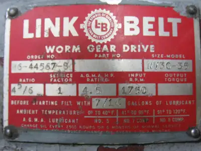 Link Belt WV30-35 Worm Gear Drive 1750 RPM 4.5 Hp. 4.8:1 Ratio