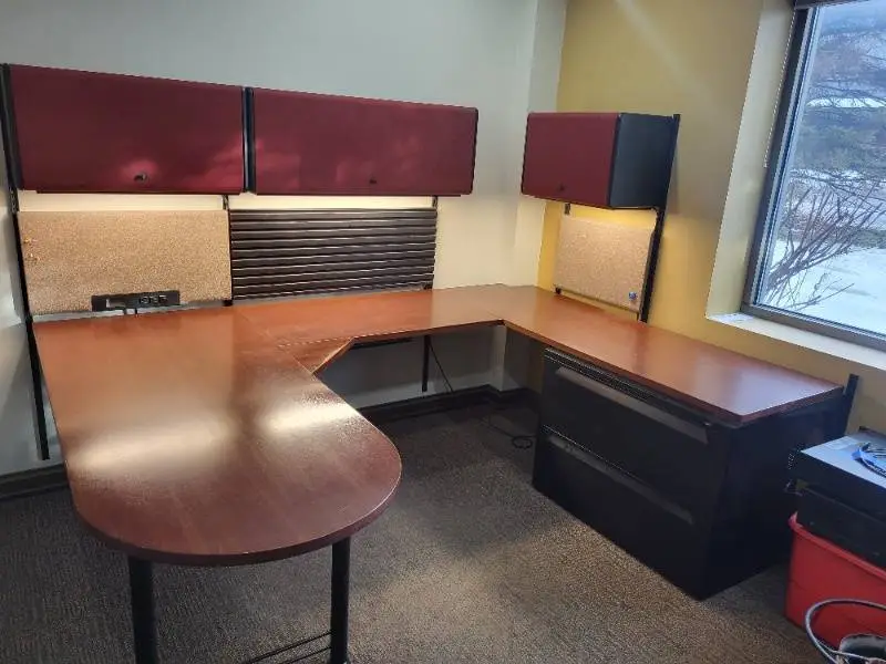 Cherry Colored Wood U-Shape Desk with Herman Miller Action Office Roll-Top Desk Wall Unit and File Cabinet 72x96