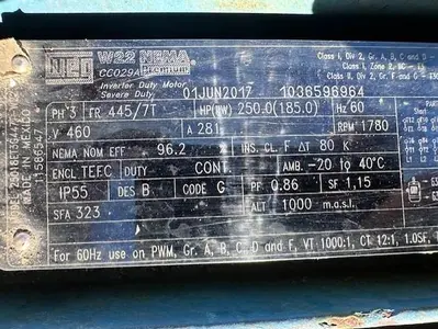 WEG 250 HP @ 1780 RPM Electric Motor SN 1036596964