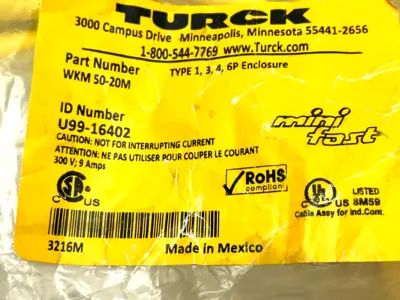 WKM 50-20M | Turck  Single Ended Cordset Right Angle 20m Length U99-16402 - New