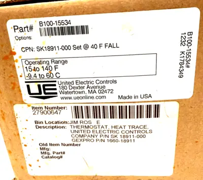 NEW UNITED ELECTRIC B100-15534 TEMPERATURE CONTROLLER 15 to 40 F B10015534