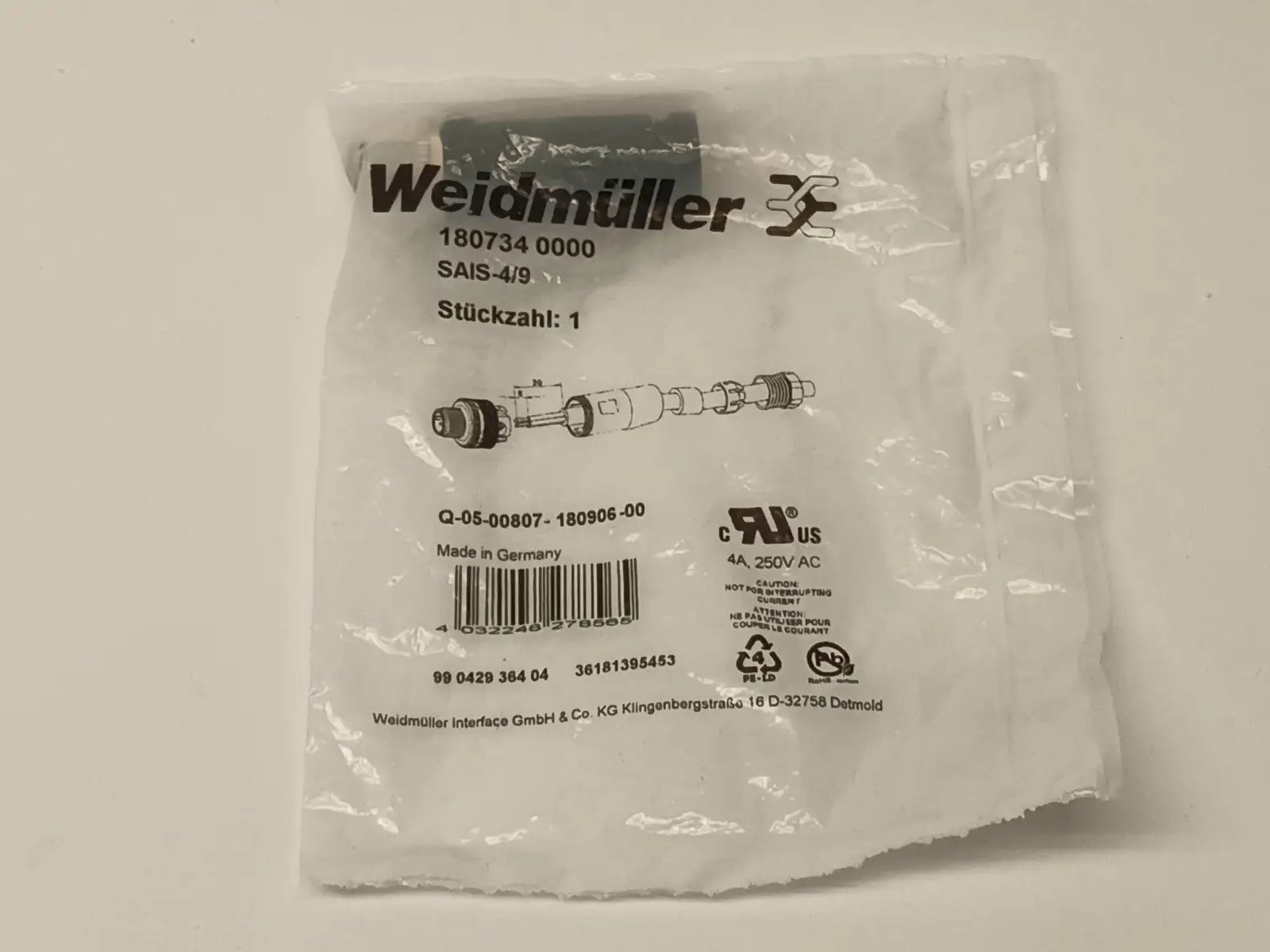 1807340000 | Weidmuller  Field Attachable Connector 4-Pin M12 SAIS-4/9 - New