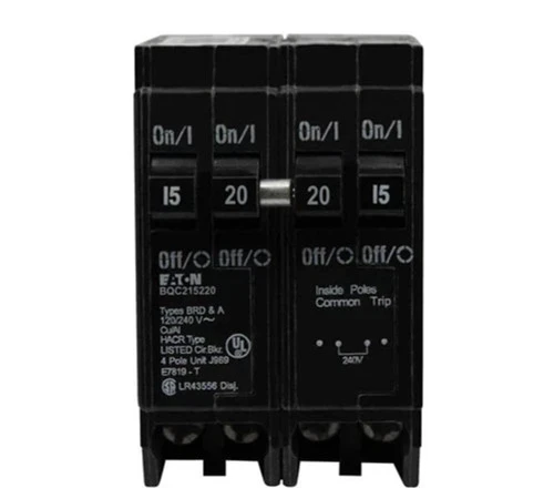 Eaton BQC215220 Circuit Breaker, Type BQC, 4-Pole, 2x 15A 2x 20A, 120/240V [New]