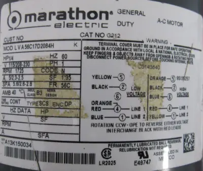 NEW MARATHON G212 MOTOR 1/4HP 115/208-230V 1725RPM LVA56C17D2084H