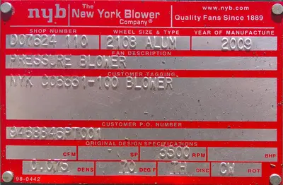 SPC9185  Blower 2,000 cfm centrifugal fan New York Blower model 2108 Alum wheel, 15 hp, CS