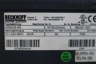 Beckhoff AX2003-AS S60301-520 Digital Compact Servo Drive Amplifier STK 3441-D