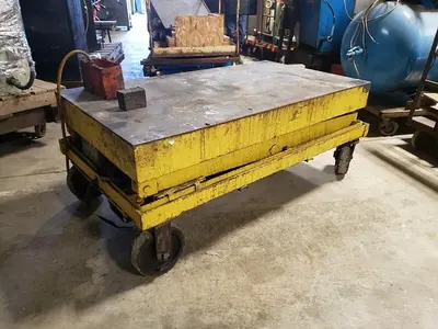 Large Yellow 6000# Scissor Lift on 4 Castors, 64'' x 36'' Platform
