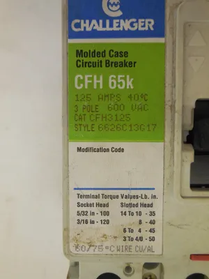 CHALLENGER CFH-65K CIRCUIT BREAKER CAT.# CFH3125 STYLE 6626C13G17 CFH65K