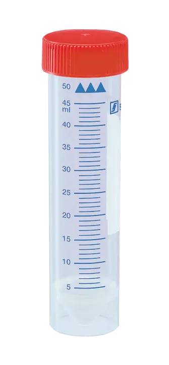 50 mL Graduated Conical Bottom Tubes with Red Flat Caps Attached, Qty. 500 – Freestanding