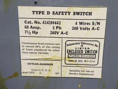 Cutler Hammer 4143H442 Type D Fusible Safety Switch 60 Amps 240VAC Used