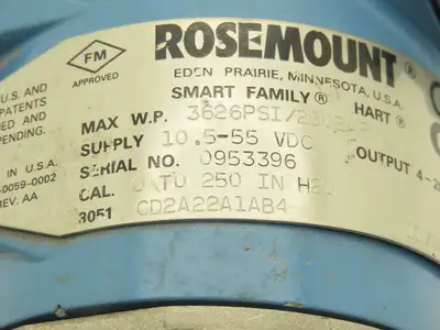 Rosemount 3051CD2A22A1AB4  Pressure Transmitter 0-250" H20 3626 PSI 10-55VDC