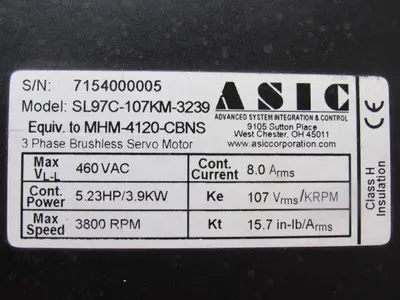 ASCI HMH 4120 CBNS  SL97C-107KM-3239 3 PHASE SERVO Motor Part or Repair