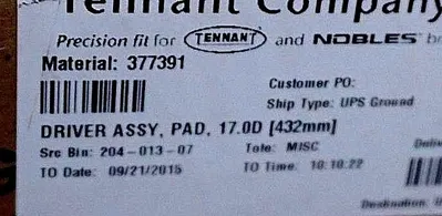 NEW TENNANT COMPANY PARTS 17" 377391 DRIVER PAD ASSEMBLY