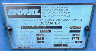 (3) Andritz D5LL C30 UHP sanitary decanter centrifuges, 316L SS.